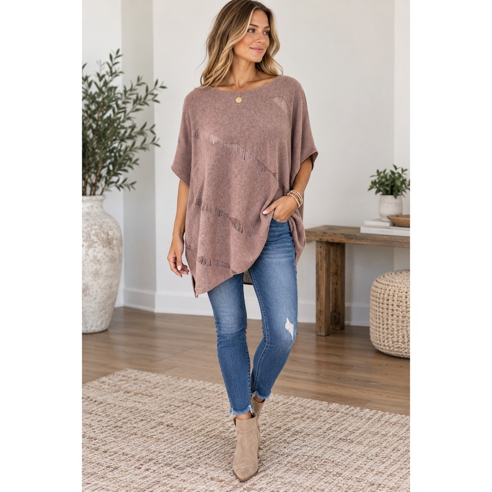 Maude Poncho Top Women S/M Grungecore Distressed Mauve Knit Oversized Cut-Out